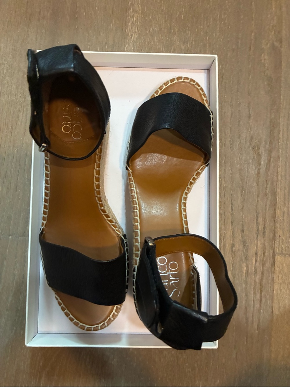 Franco Sarto Black Leather Espadrille Ankle-Strap Sandals
